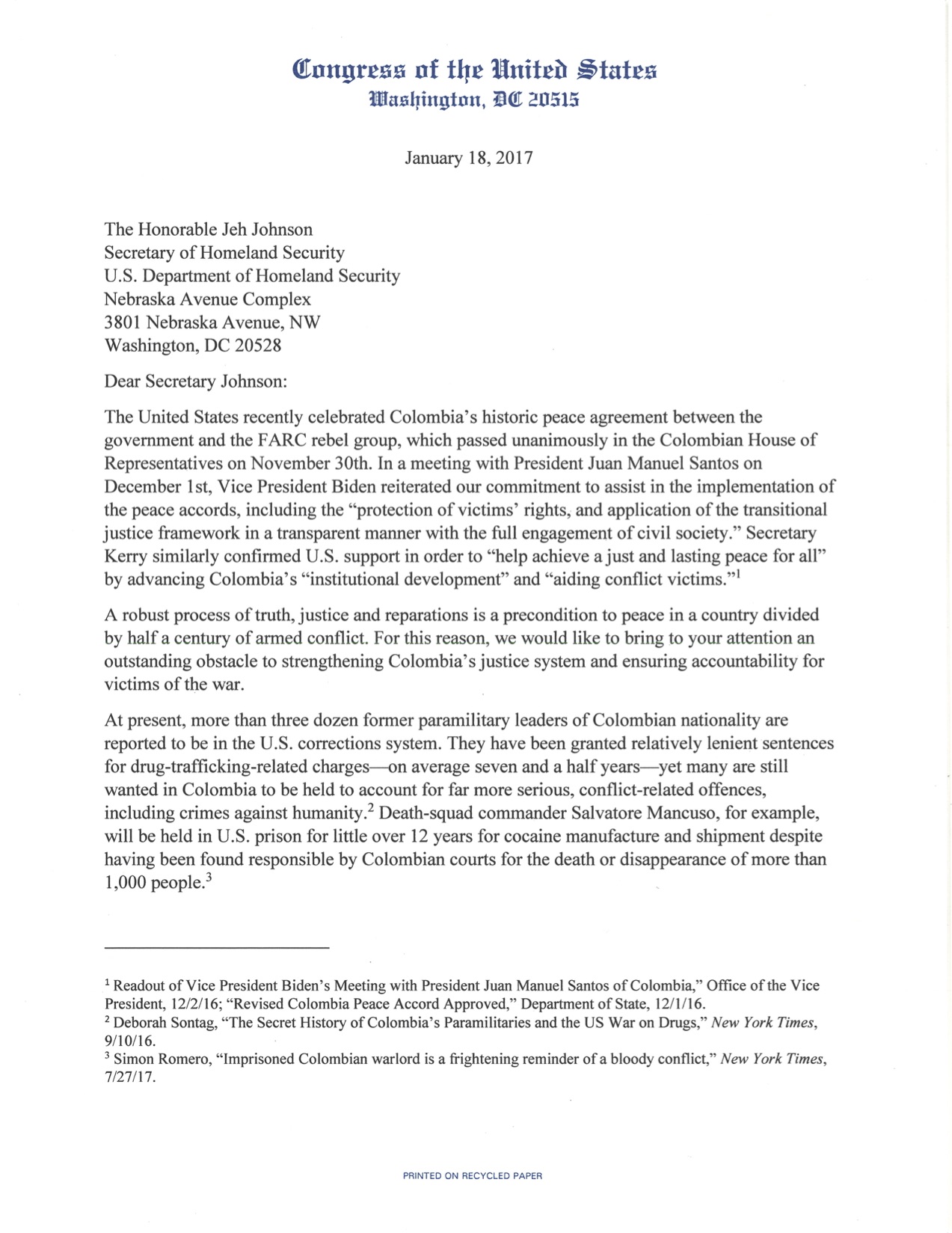 Represenative Mark Pocan’s Letter to the DHS on Colombian ...